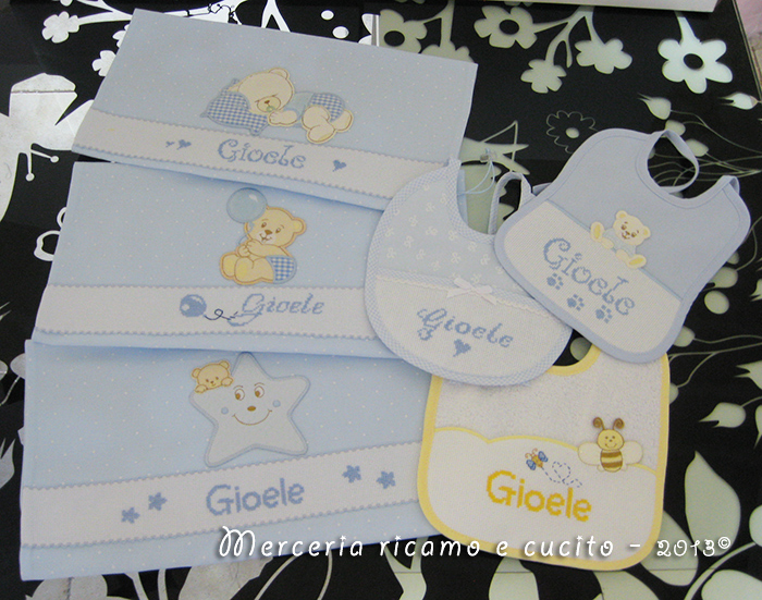 Sacchetti nascita personalizzati e bavette per Gioele
