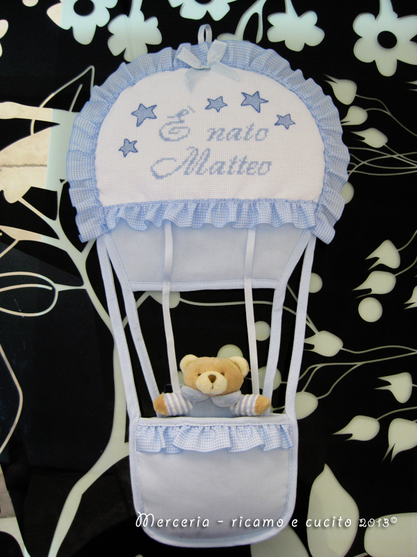 Fiocco nascita mongolfiera celeste "E' nato Matteo"
