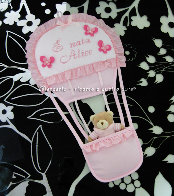 Fiocco nascita mongolfiera rosa "E' nata Alice"