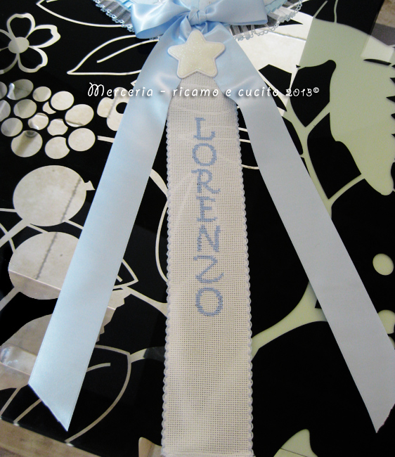 Fiocco nascita, accappatoio e coppoia asciugamani per Lorenzo