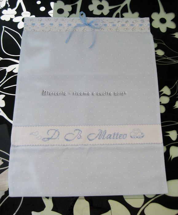 Sacchetto pallinato con pupazzetti e fiocco nascita coniglio per Matteo