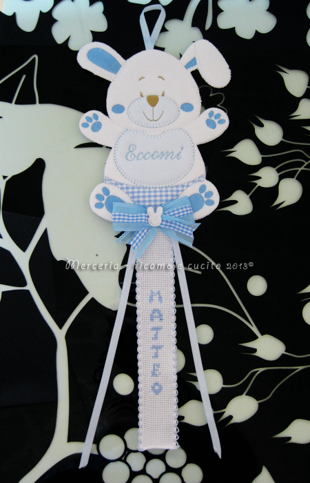 Sacchetto pallinato con pupazzetti e fiocco nascita coniglio per Matteo