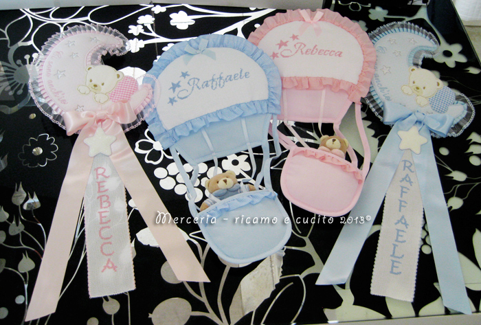 Fiocchi nascita mongolfiera e luna per Rebecca e Raffaele