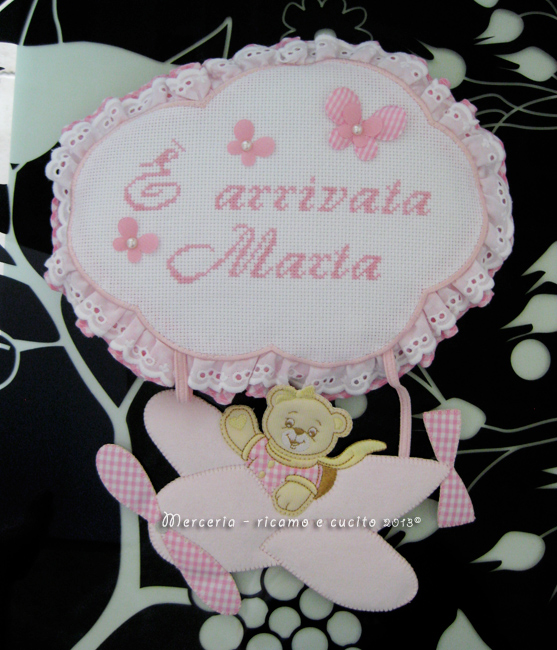 Fiocco nascita aeroplano rosa "E' arrivata Marta"