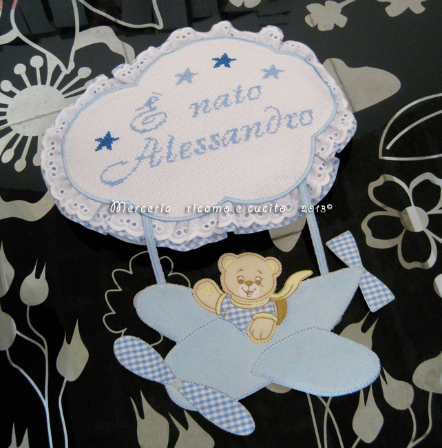 Fiocco nascita aeroplano celeste "E' nato Alessandro"