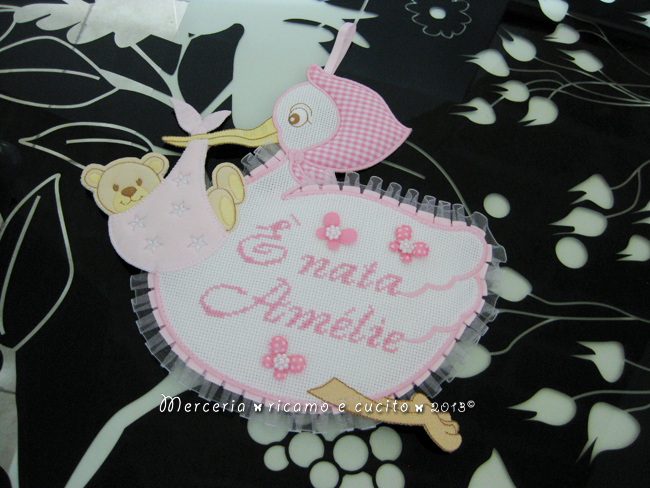 Fiocco nascita cicogna rosa "E' nata Amélie"