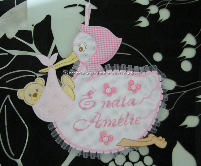 Fiocco nascita cicogna rosa "E' nata Amélie"