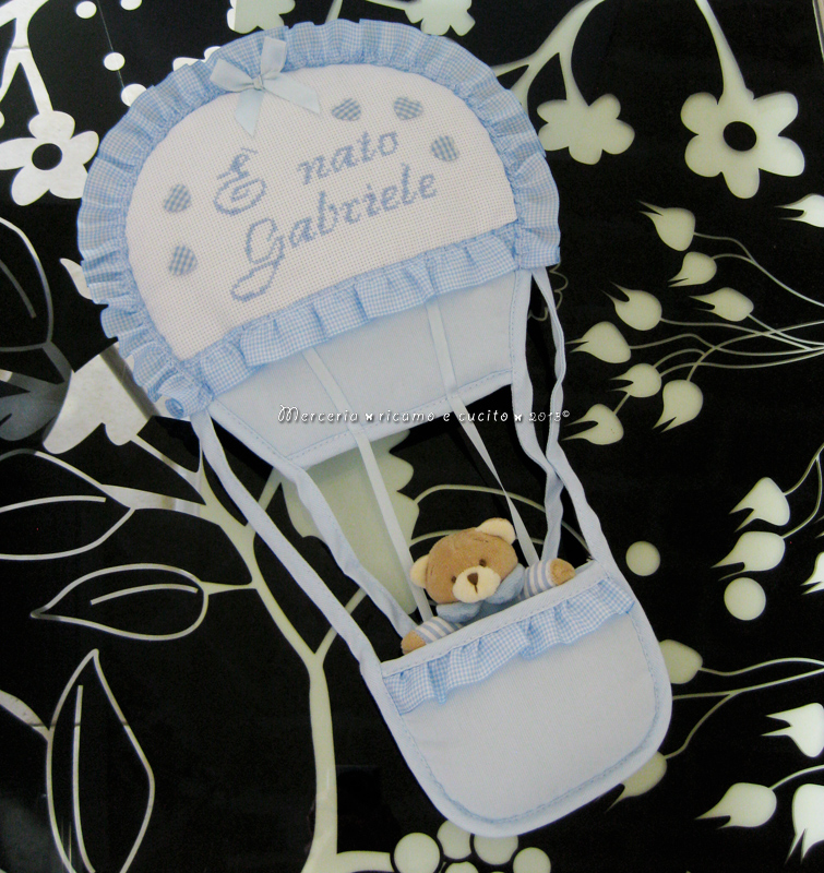 Fiocco nascita mongolfiera celeste "E' nato Gabriele"