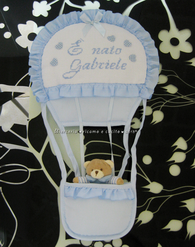 Fiocco nascita mongolfiera celeste "E' nato Gabriele"