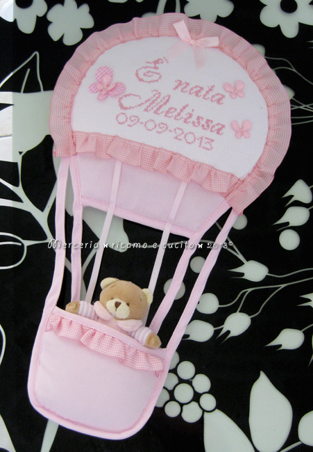 Fiocco nascita mongolfiera rosa "E' nata Melissa" con data