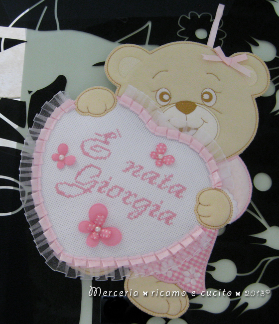 Fiocco nascita orsetto con cuore rosa "E' nata Giorgia"