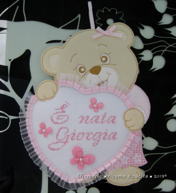 Fiocco nascita orsetto con cuore rosa "E' nata Giorgia"