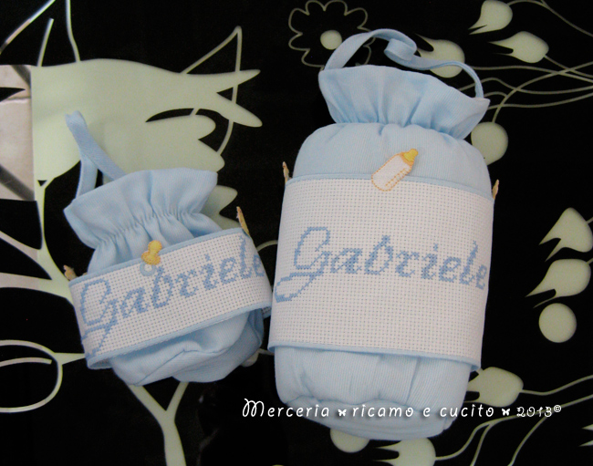 Set per nascita - Fiocchi nascita, sacchetto, porta biberon e ciuccio per Gabriele