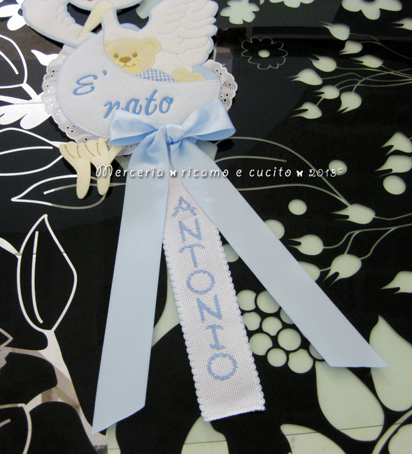 Fiocco nascita cicogna celeste "E' nato" per Antonio