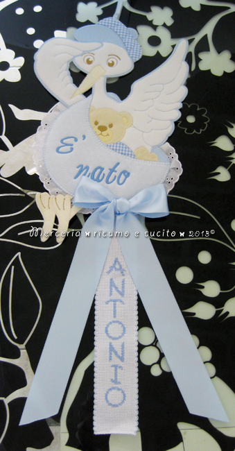 Fiocco nascita cicogna celeste "E' nato" per Antonio