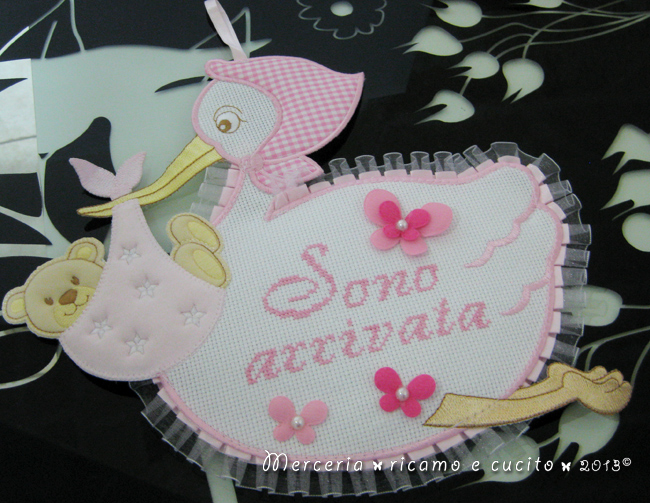 Fiocco nascita cicogna rosa "Sono arrivata"