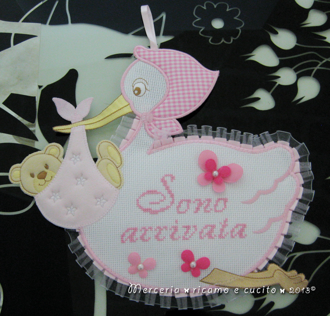 Fiocco nascita cicogna rosa "Sono arrivata"