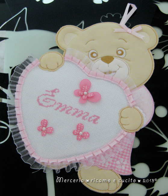 Fiocco nascita orsetto con cuore rosa per Emma