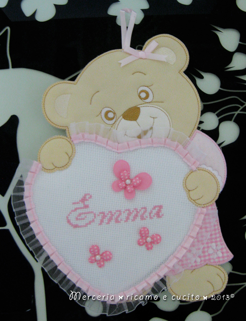 Fiocco nascita orsetto con cuore rosa per Emma