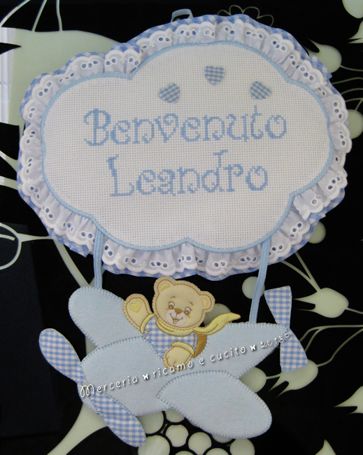 Fiocco nascita aeroplano celeste "Benvenuto Leandro"