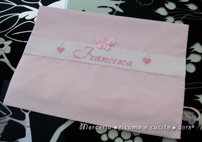 Sacchetto nascita farfalla e fiocco nascita cicogna rosa per Francesca