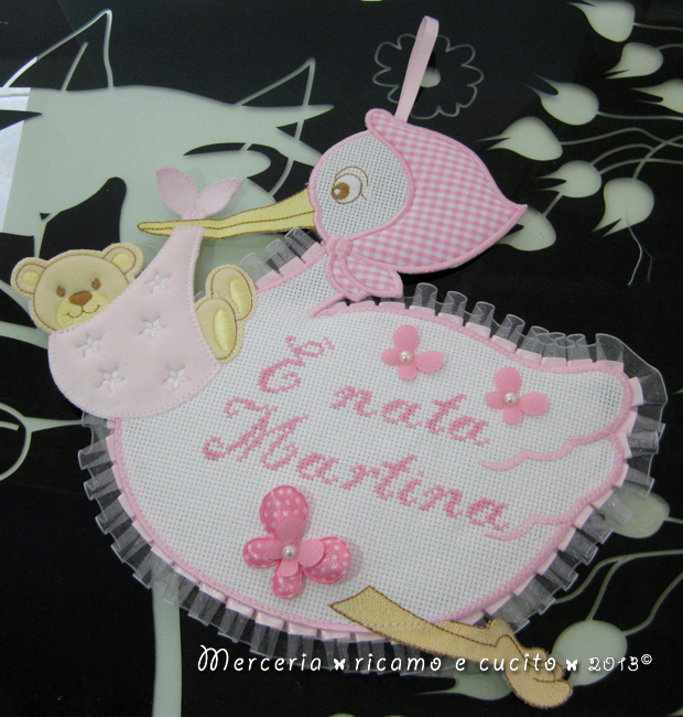 Fiocco nascita cicogna rosa "E' nata Martina"