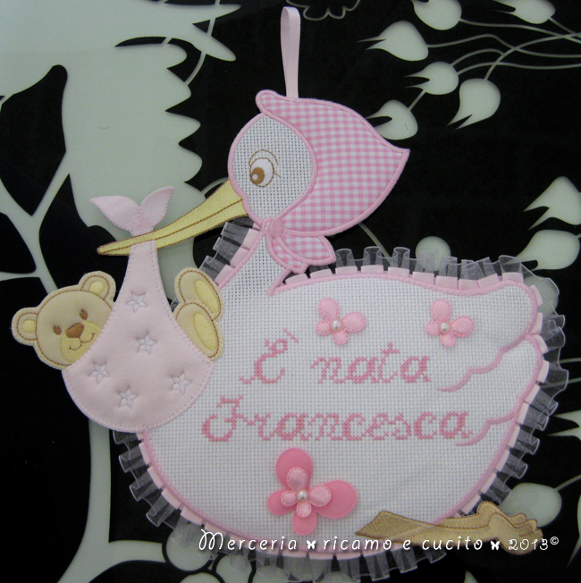 Fiocco nascita cicogna rosa per Francesca
