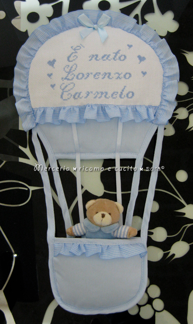 Fiocco nascita mongolfiera celeste "E' nato Lorenzo Carmelo"