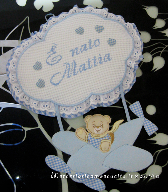 Fiocco nascita aeroplano celeste "E' nato Mattia"