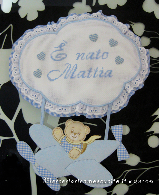 Fiocco nascita aeroplano celeste "E' nato Mattia"