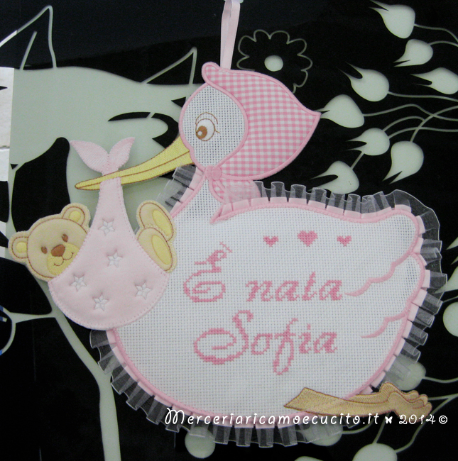 Fiocco nascita cicogna rosa "E' nata Sofia"