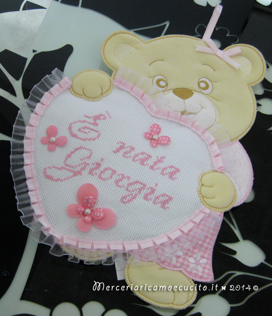 Fiocco nascita orsetto con cuore rosa "E' nata Giorgia"