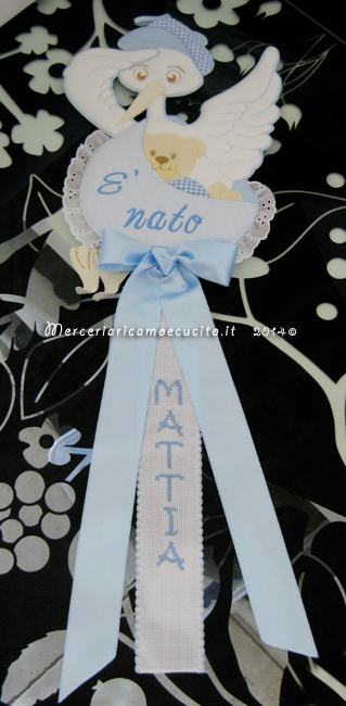 Fiocchi nascita aeroplano e fiocco nascita cicogna celeste per Mattia