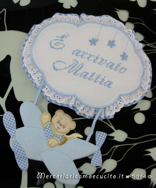 Fiocchi nascita aeroplano e fiocco nascita cicogna celeste per Mattia