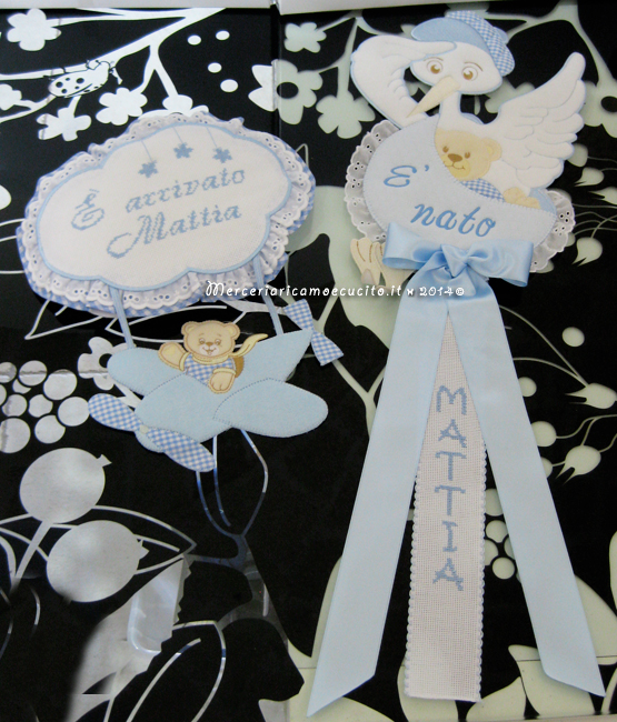 Fiocchi nascita aeroplano e fiocco nascita cicogna celeste per Mattia