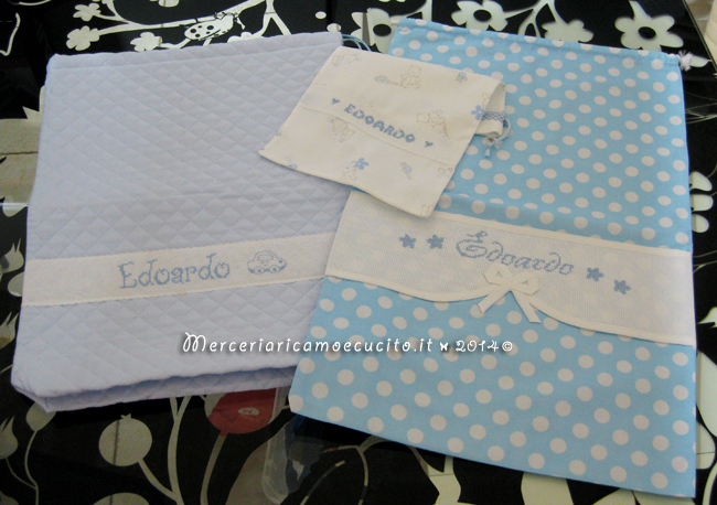 Fiocco nascita mongolfiera celeste, sacchetti per nascita, bavetta e borsa beauty per Edoardo