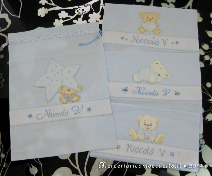 Sacchetti per nascita e asilo con applicazione personalizzati per Niccolò