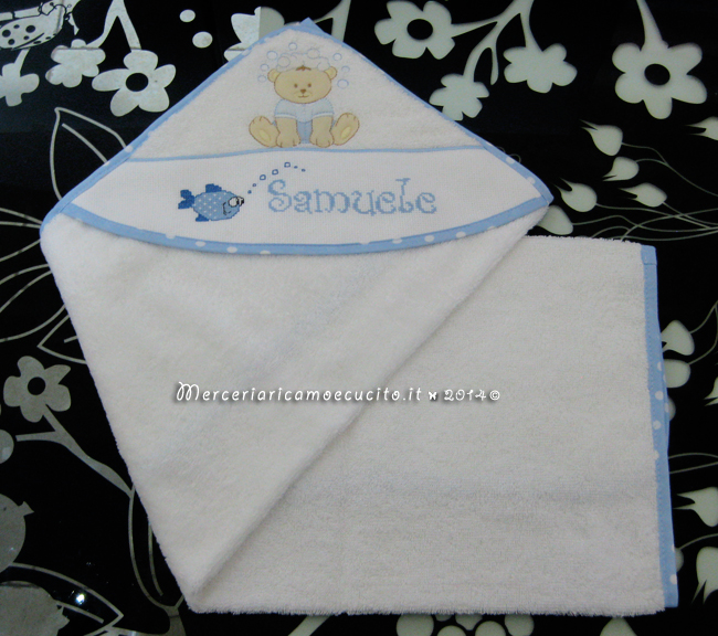 Set corredino per nascita - Copertina, lenzuolino, accappatoio, bavetta e fiocco nascita per Samuele
