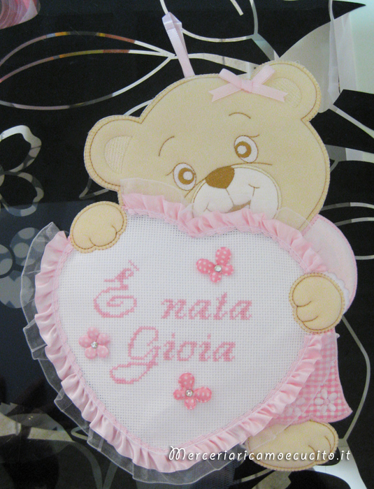 Fiocco nascita orsetto con cuore rosa "E' nata Gioia"