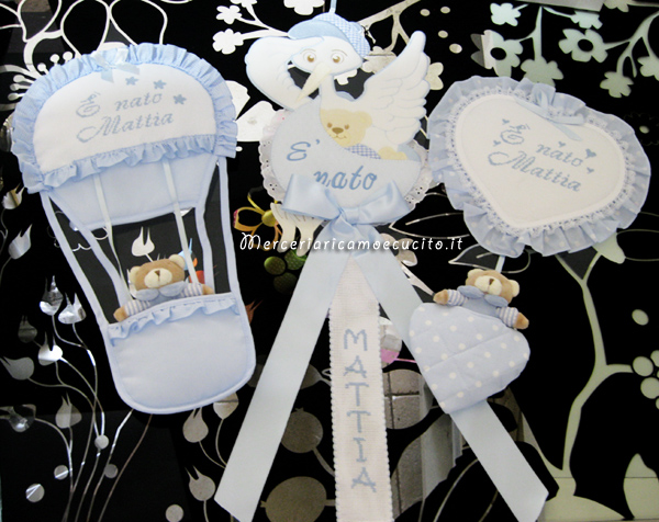 Fiocchi nascita mongolfiera, cicogna e cuore per Mattia