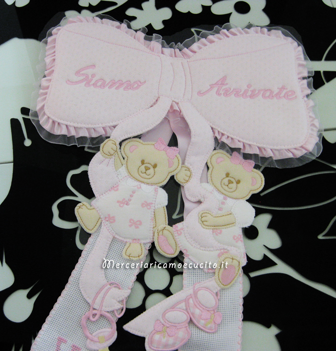 Fiocco nascita rosa "siamo arrivate" per le gemelle "Greta" e "Viola"