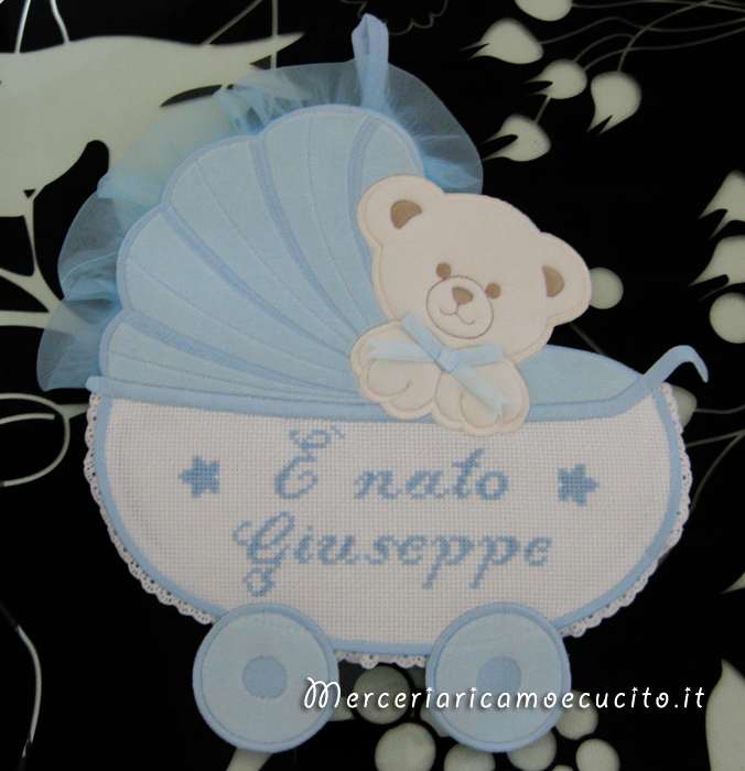 Fiocco nascita carrozzina celeste "E' nato Giuseppe"