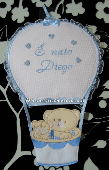 Fiocco nascita monngolfiera con orsetti "E' nato Diego"