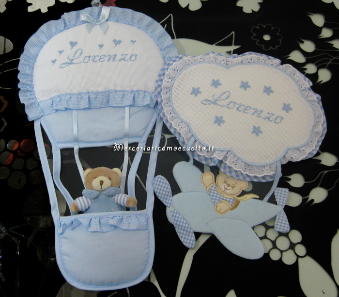 Fiocchi nascita mongolfiera e aeroplano celeste per Lorenzo