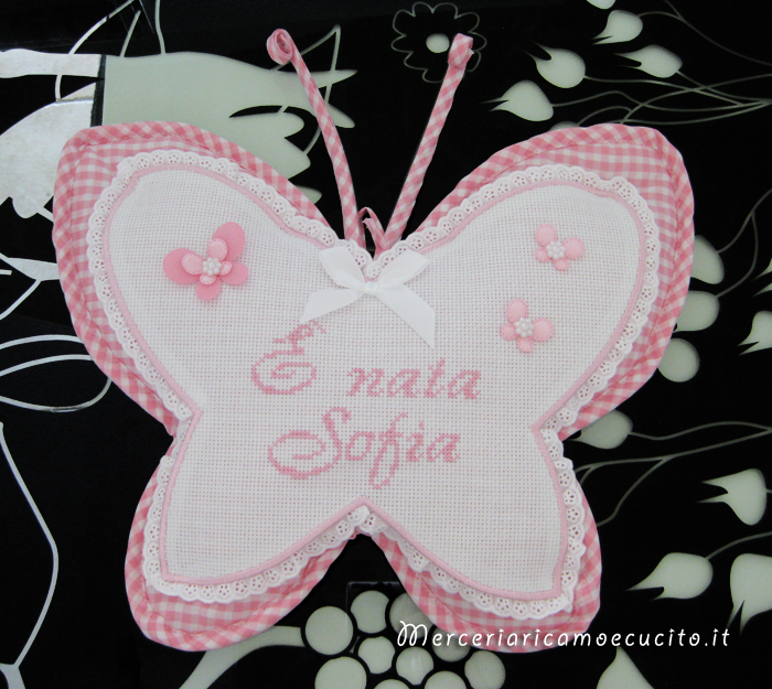 Fiocco nascita farfalla e sacchetto nascita e asilo quadrettato per Sofia