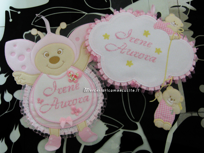 Fiocchi nascita coccinella e nuvola rosa per "Irene Aurora"