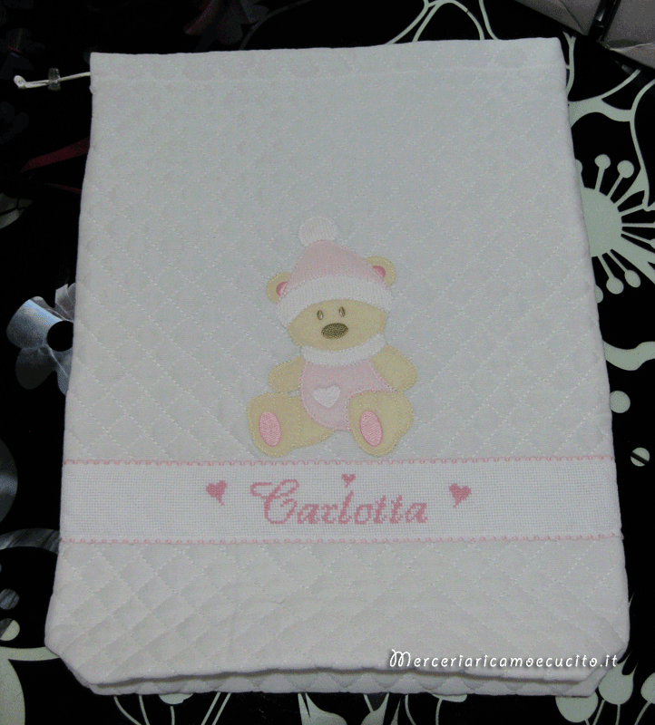 Sacchetti trapuntati nascita e asilo con orsetto freddoloso per Carlotta
