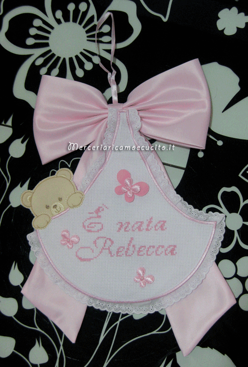 Fiocco nascita sacco rosa È nata Rebecca e bavetta prima misura per Lorenzo