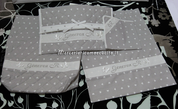 Set per nascita - Sacchetto, busta portaoggetti e tovaglioli personalizzati per Ginevra