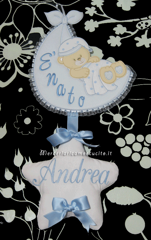 Fiocco nascita celeste sacco con orsetto E' nato per Andrea e biberon porta bomboniere
